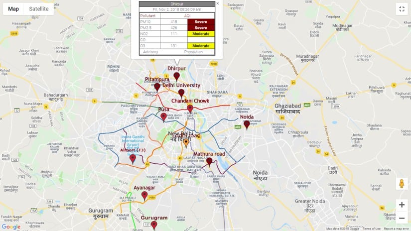 AQI levels across Delhi as reported on SAFAR’s website